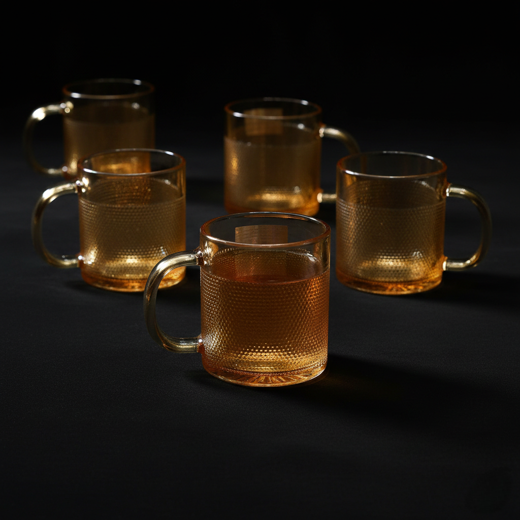 Amber Textured Premium Glass Tea Mug Set of 6 – Elegant Heat Resistant Drinkware (180ML)(ZB383HA)