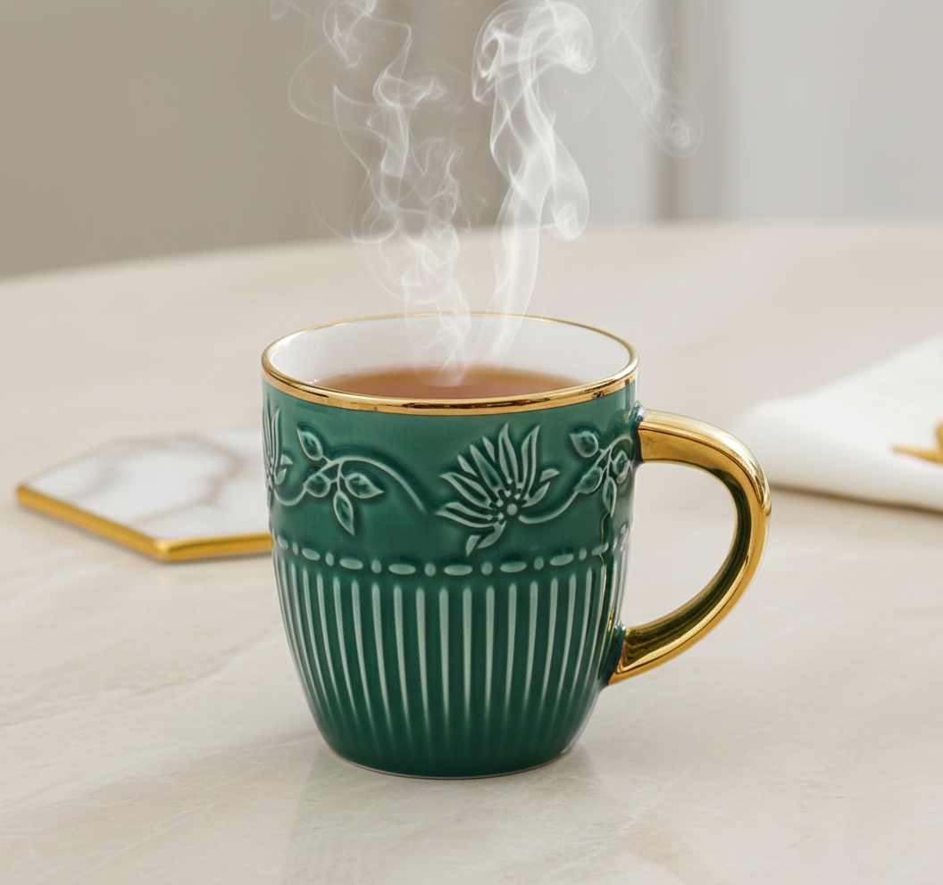 Imperial Verde – Luxury Embossed Ceramic Tea & Coffee Cups Set (6 Pcs) (ADX8437-3)
