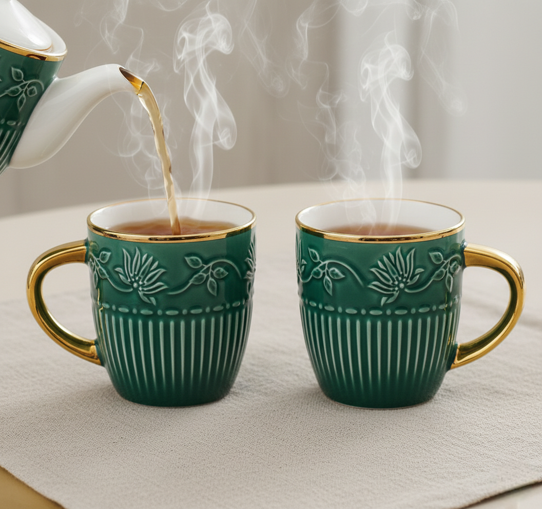 Imperial Verde – Luxury Embossed Ceramic Tea & Coffee Cups Set (6 Pcs) (ADX8437-3)