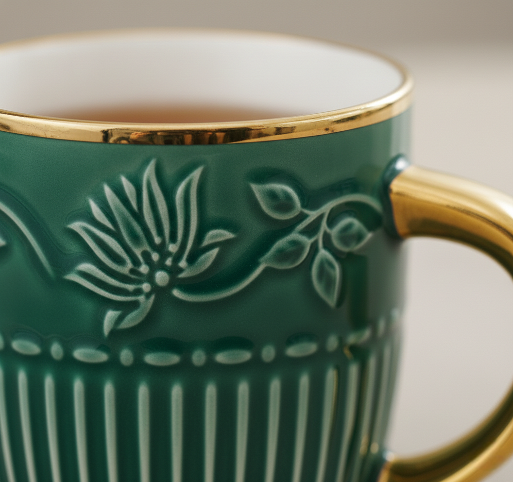 Imperial Verde – Luxury Embossed Ceramic Tea & Coffee Cups Set (6 Pcs) (ADX8437-3)