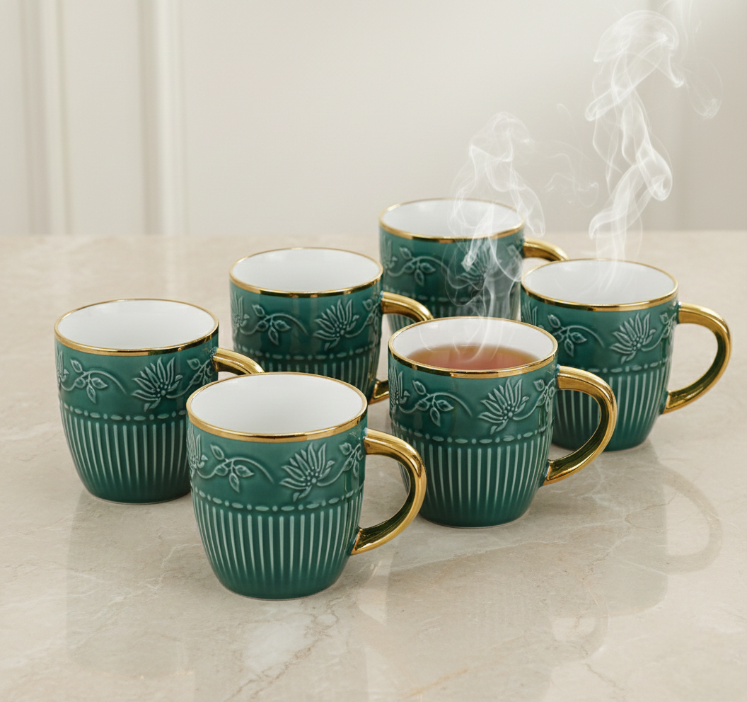 Imperial Verde – Luxury Embossed Ceramic Tea & Coffee Cups Set (6 Pcs) (ADX8437-3)