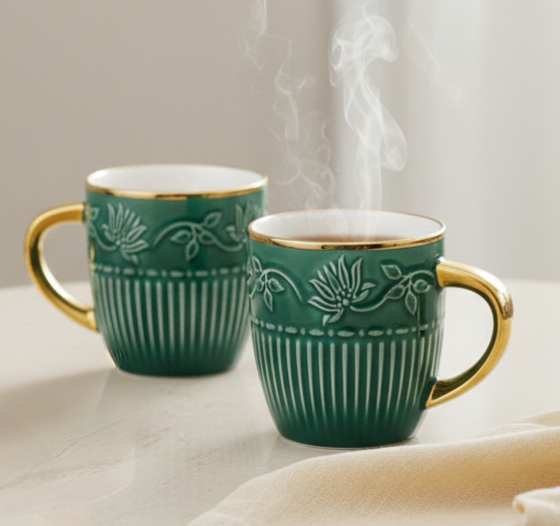 Imperial Verde – Luxury Embossed Ceramic Tea & Coffee Cups Set (6 Pcs) (ADX8437-3)