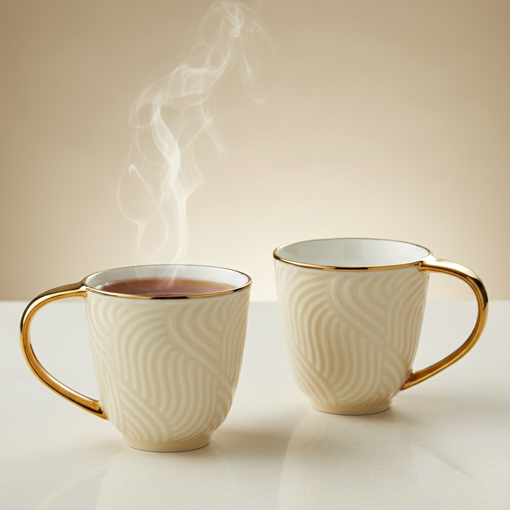 Aurelia Ivory – Luxury Embossed Ceramic Tea & Coffee Cups Set with Gold Handle (6 Pcs)(ADX8438-2)