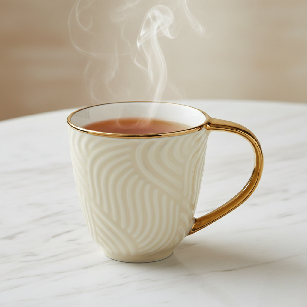 Aurelia Ivory – Luxury Embossed Ceramic Tea & Coffee Cups Set with Gold Handle (6 Pcs)(ADX8438-2)