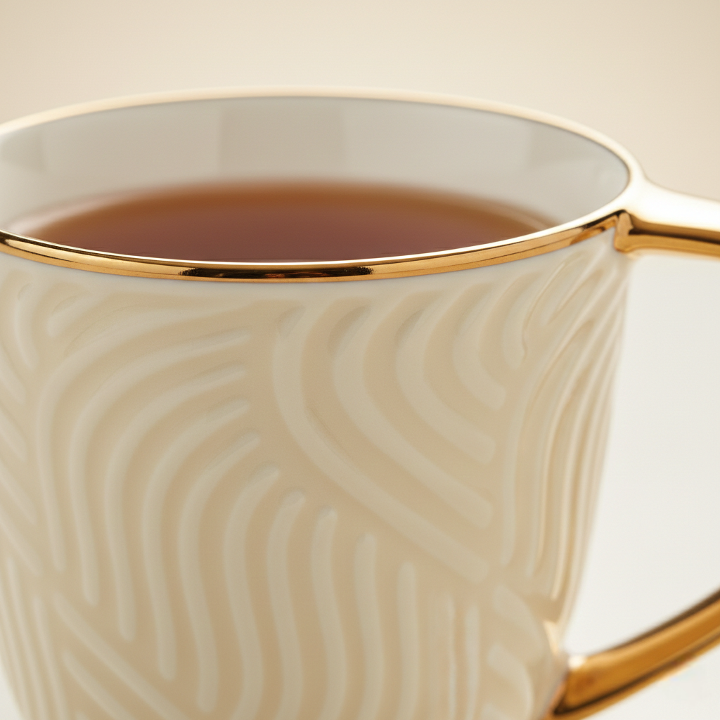 Aurelia Ivory – Luxury Embossed Ceramic Tea & Coffee Cups Set with Gold Handle (6 Pcs)(ADX8438-2)