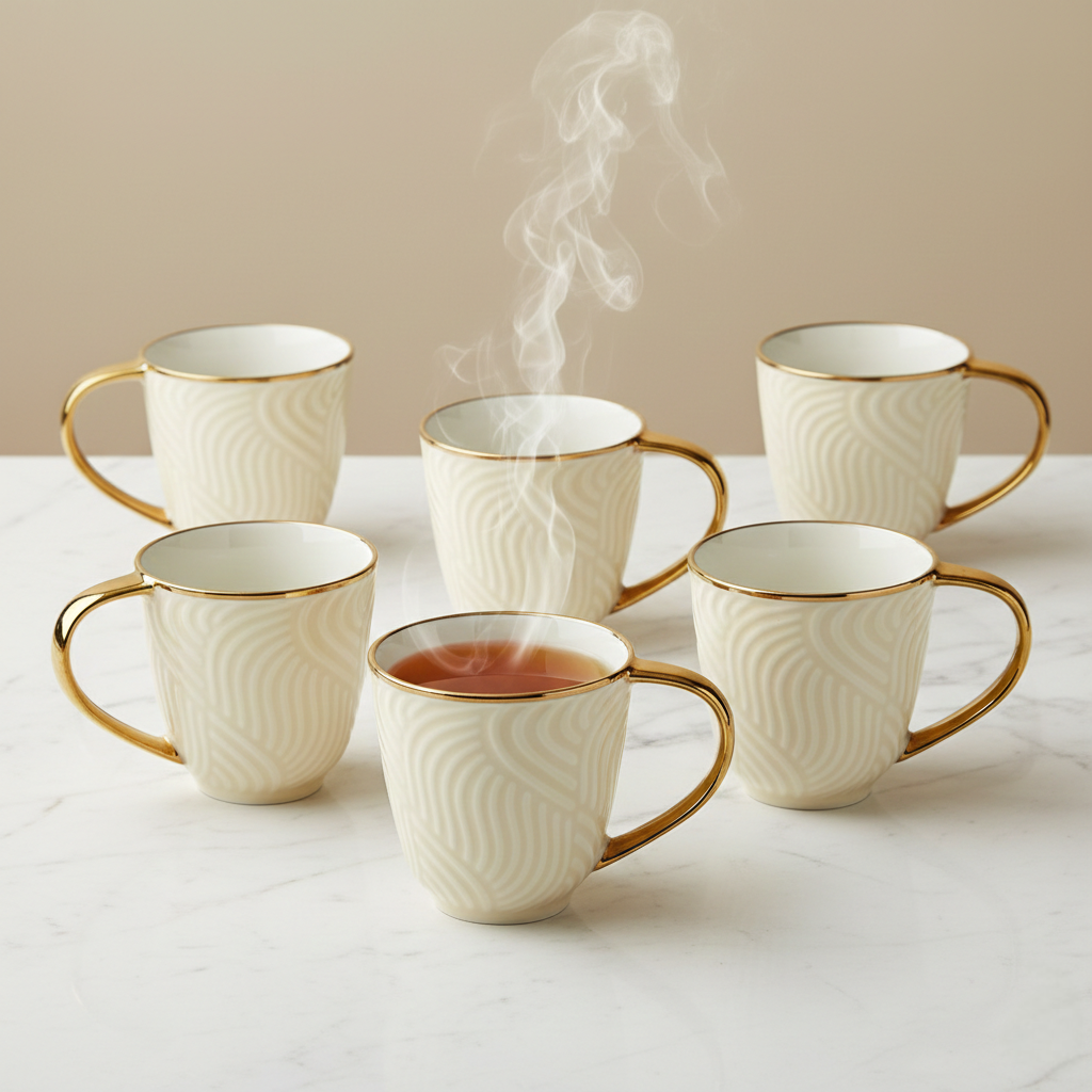 Aurelia Ivory – Luxury Embossed Ceramic Tea & Coffee Cups Set with Gold Handle (6 Pcs)(ADX8438-2)