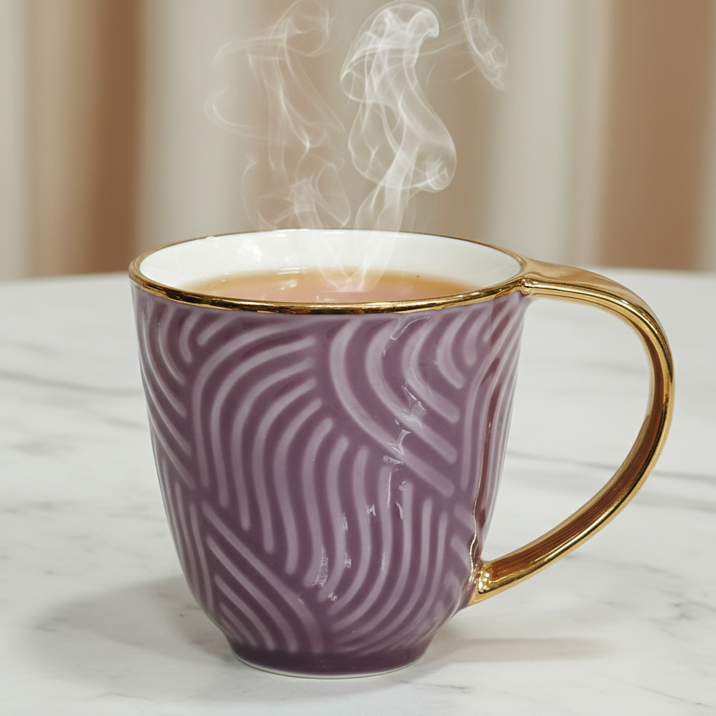 Amara Mauve – Luxury Embossed Ceramic Tea & Coffee Cups Set with Gold Handle (6 Pcs) (ADX8438-3)