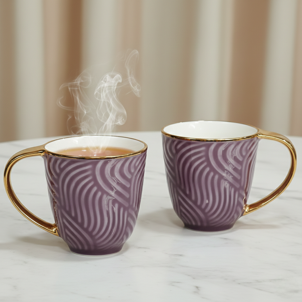 Amara Mauve – Luxury Embossed Ceramic Tea & Coffee Cups Set with Gold Handle (6 Pcs) (ADX8438-3)
