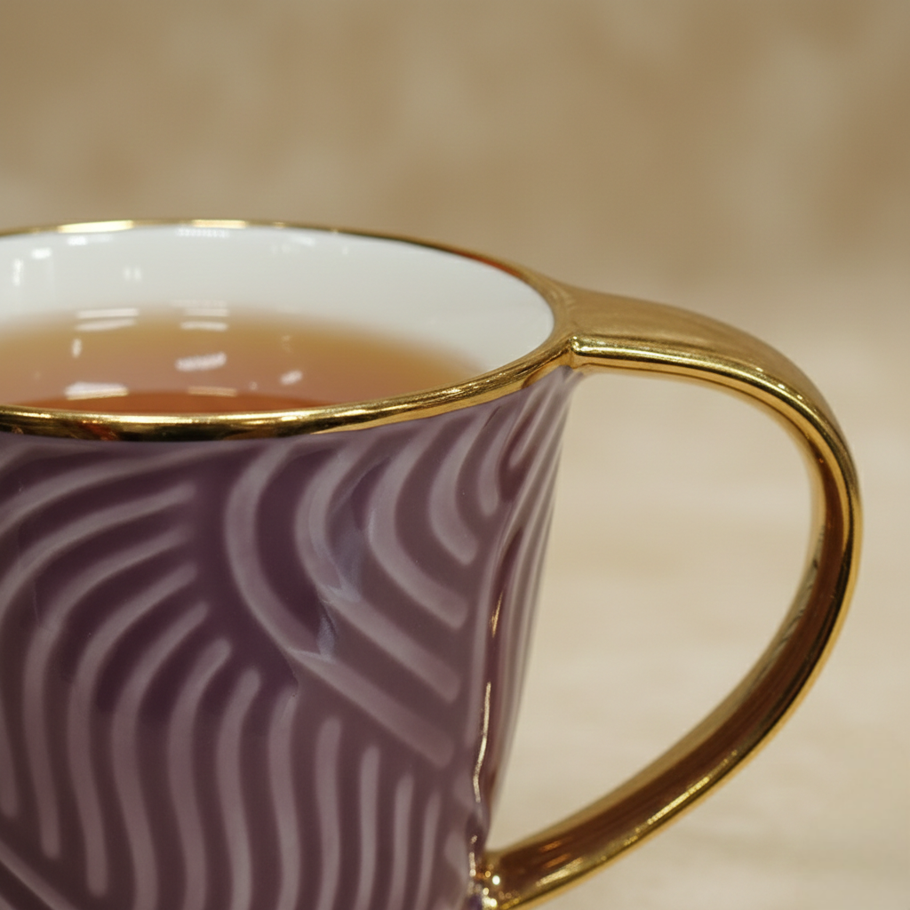 Amara Mauve – Luxury Embossed Ceramic Tea & Coffee Cups Set with Gold Handle (6 Pcs) (ADX8438-3)