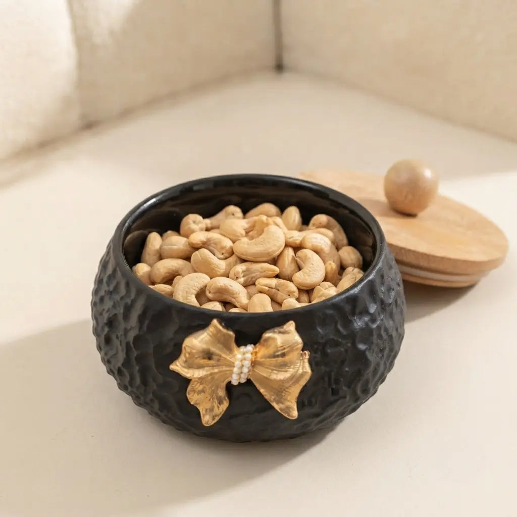 Bow Belle 4 Jar Dry Fruit Serving Set with Bamboo Lids & Wooden Tray
