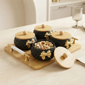 Bow Belle 4 Jar Dry Fruit Serving Set with Bamboo Lids & Wooden Tray