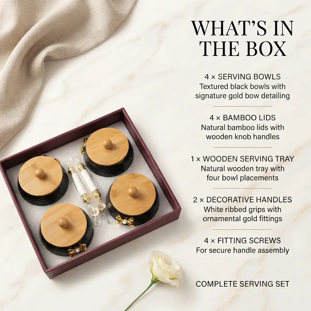Bow Belle 4 Jar Dry Fruit Serving Set with Bamboo Lids & Wooden Tray