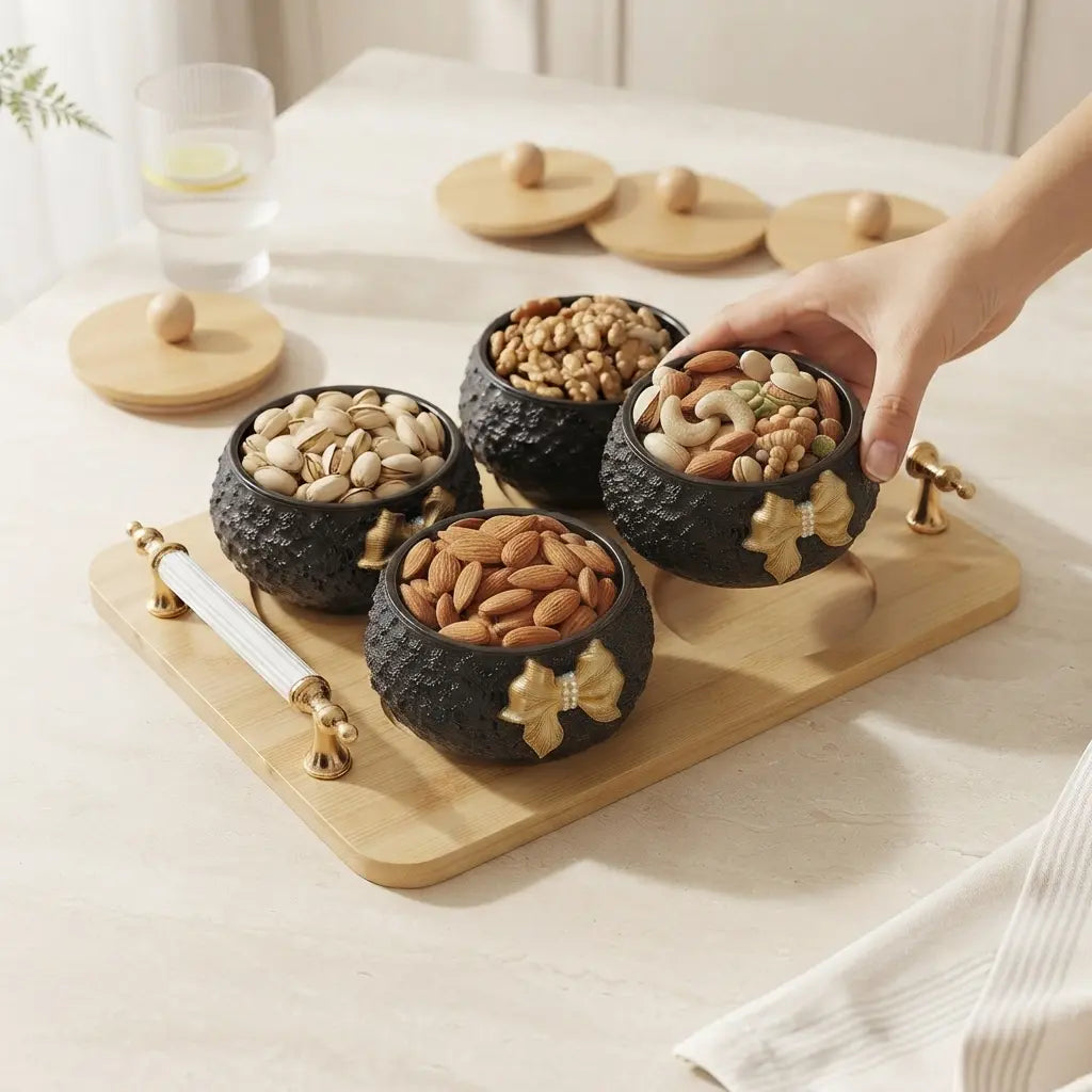 Bow Belle 4 Jar Dry Fruit Serving Set with Bamboo Lids & Wooden Tray