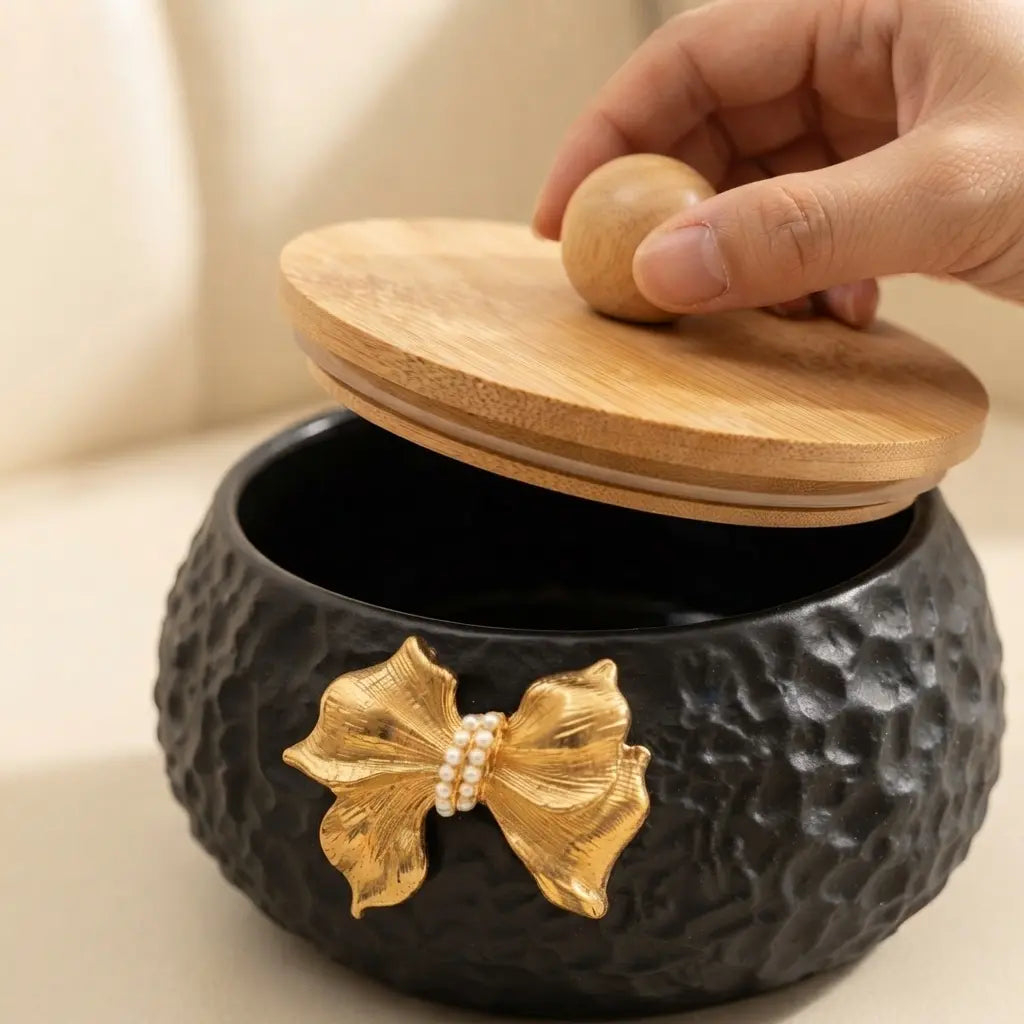Bow Belle 4 Jar Dry Fruit Serving Set with Bamboo Lids & Wooden Tray