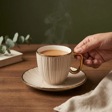 Ivory & Gold Ribbed Cup & Saucer Set – 12 Pcs | 6 Cups + 6 Saucers