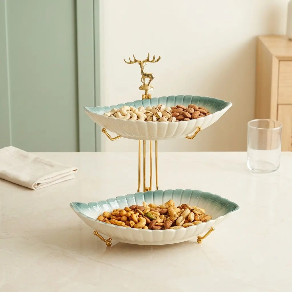 2-Tier Leaf Serving Bowl Set with Gold Stand | Dry Fruit & Snack Server