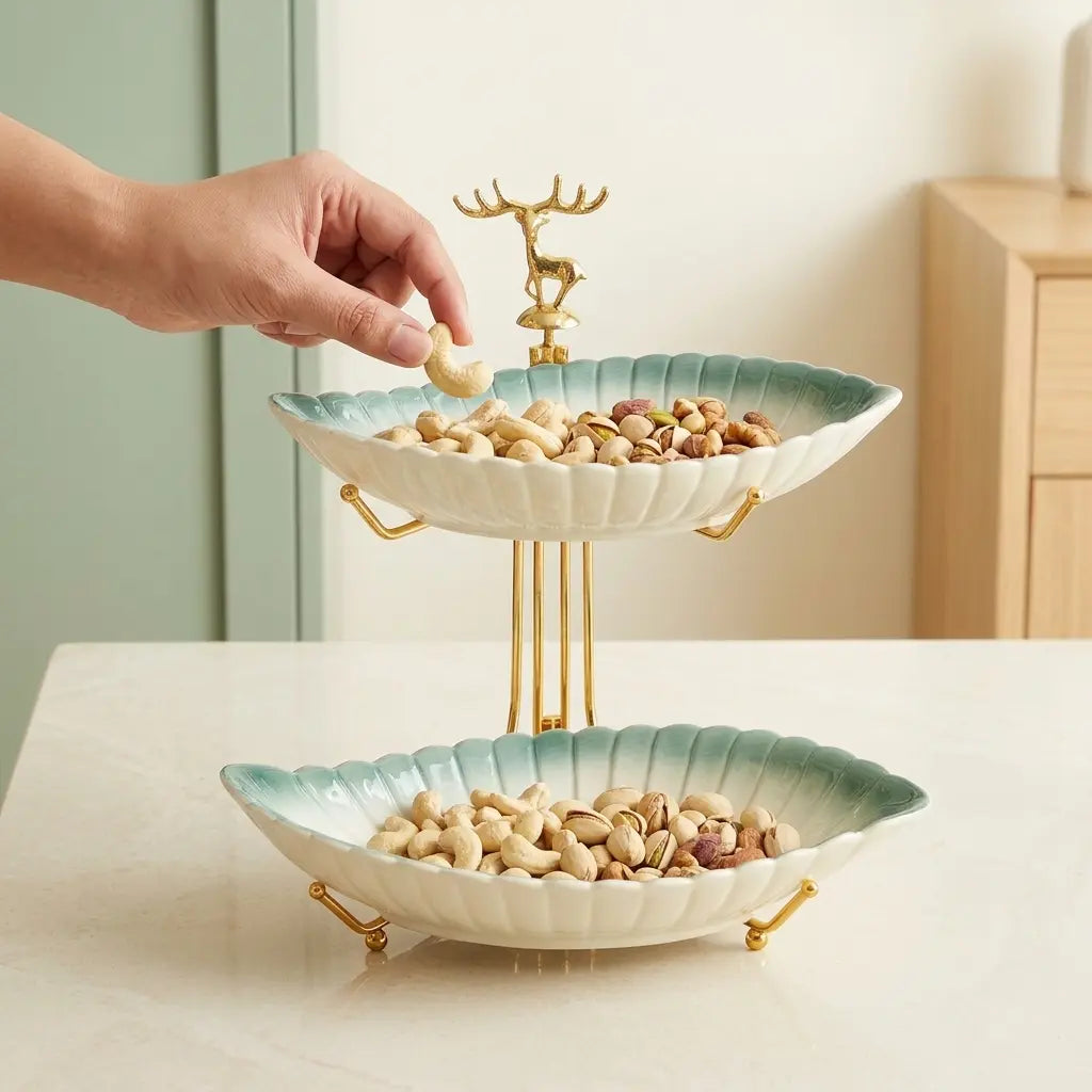 2-Tier Leaf Serving Bowl Set with Gold Stand | Dry Fruit & Snack Server