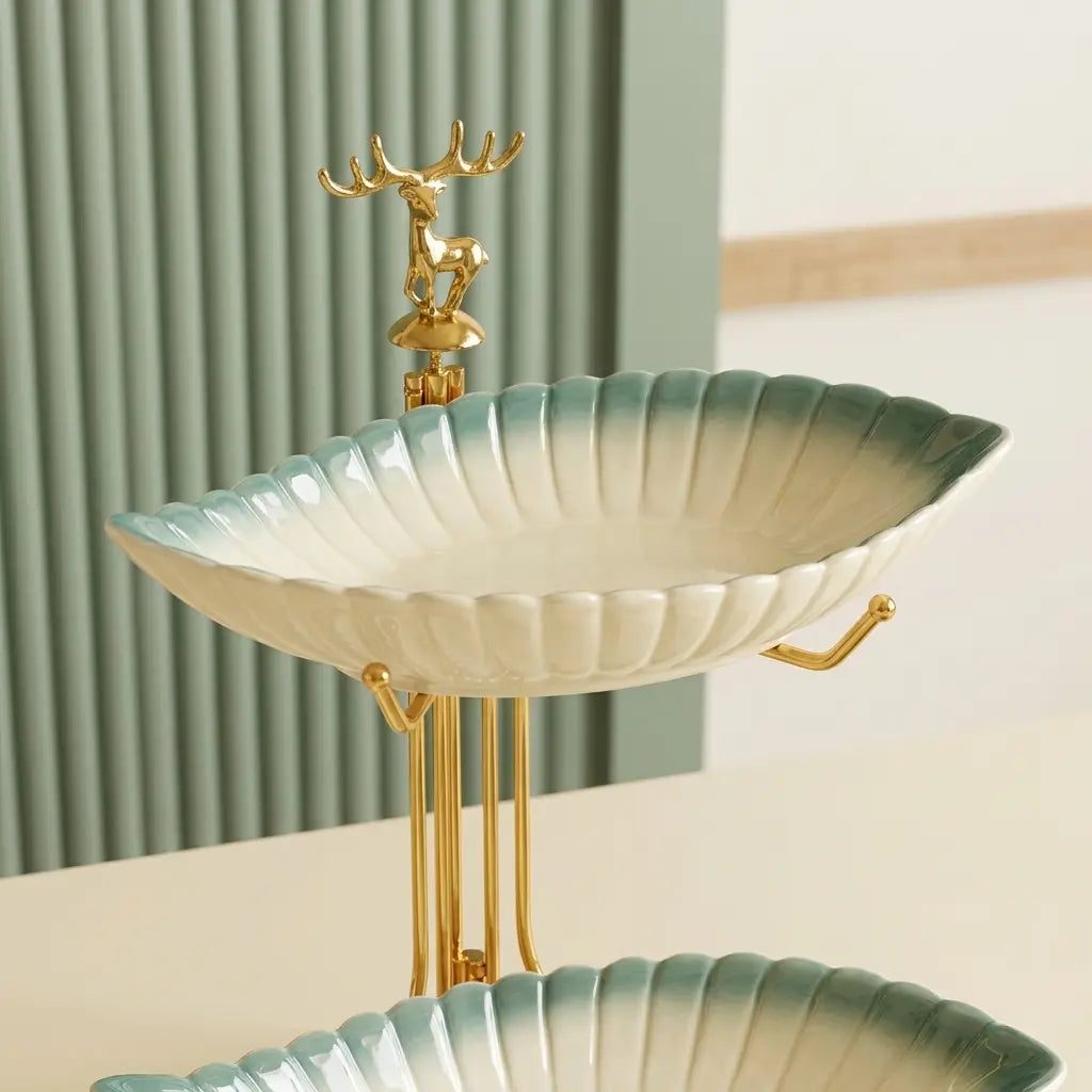 2-Tier Leaf Serving Bowl Set with Gold Stand | Dry Fruit & Snack Server