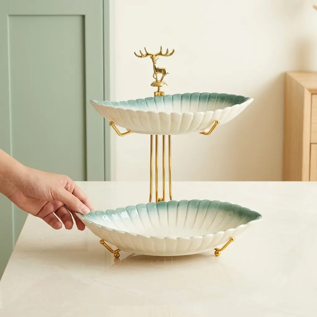 2-Tier Leaf Serving Bowl Set with Gold Stand | Dry Fruit & Snack Server