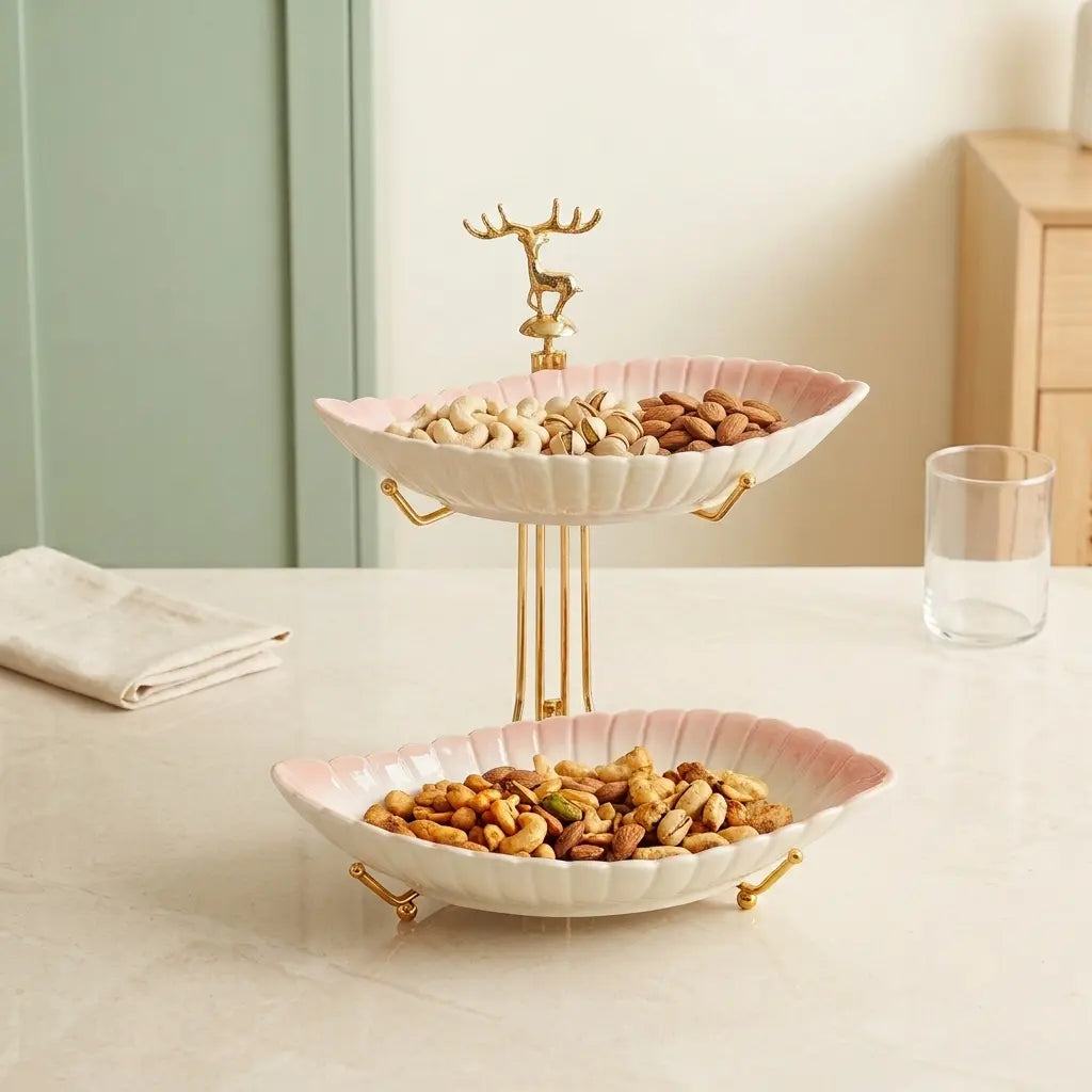 2-Tier Leaf Serving Bowl Set with Gold Stand | Dry Fruit & Snack Server