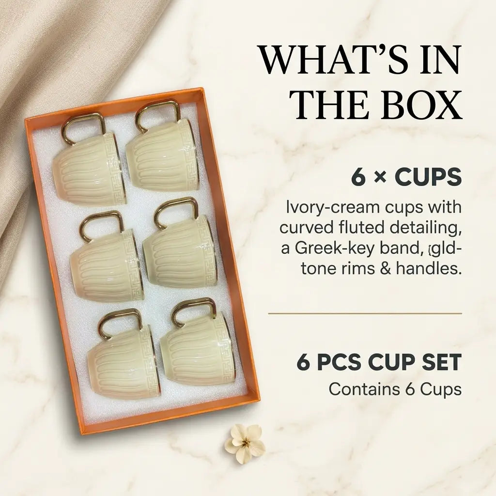 Ivory & Gold Embossed Cup Set – 6 Pcs | Tea & Coffee Cups