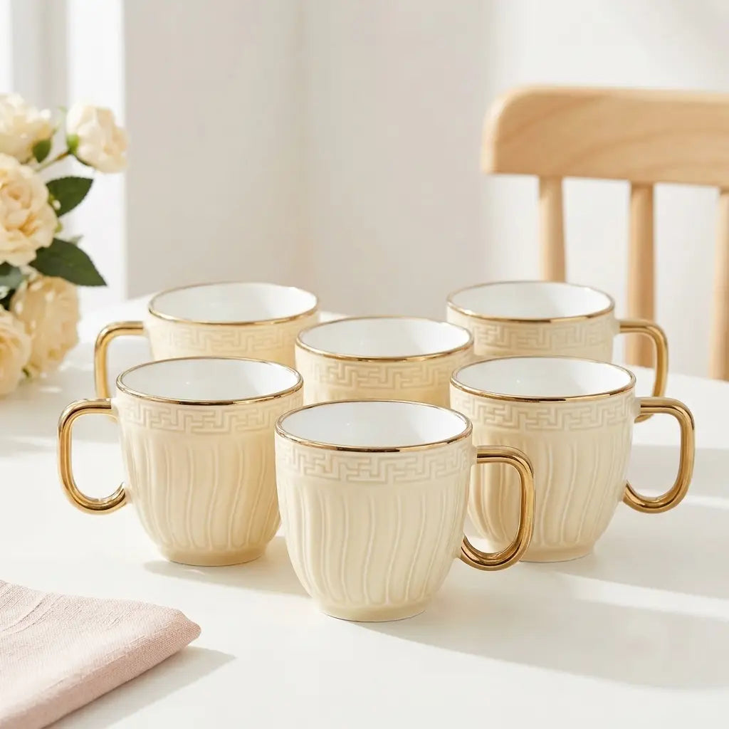 Ivory & Gold Embossed Cup Set – 6 Pcs | Tea & Coffee Cups
