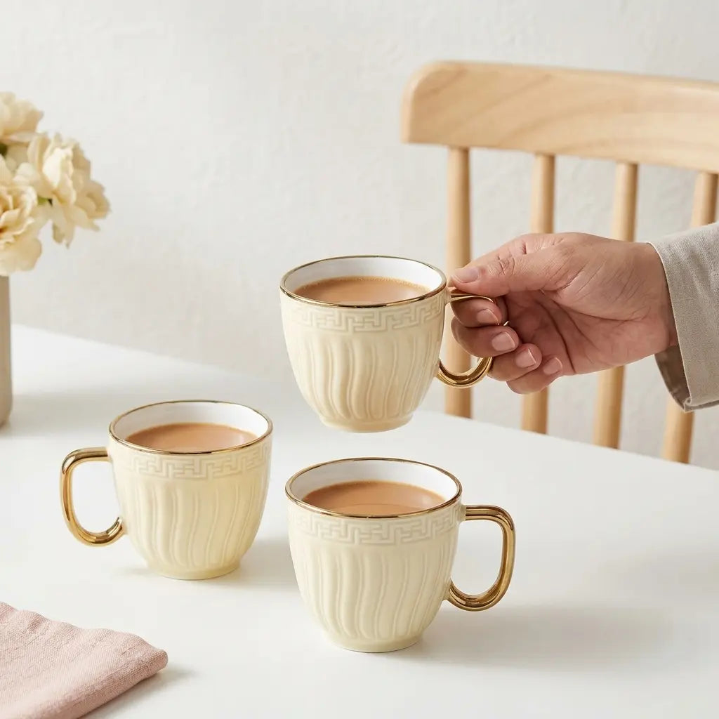 Ivory & Gold Embossed Cup Set – 6 Pcs | Tea & Coffee Cups