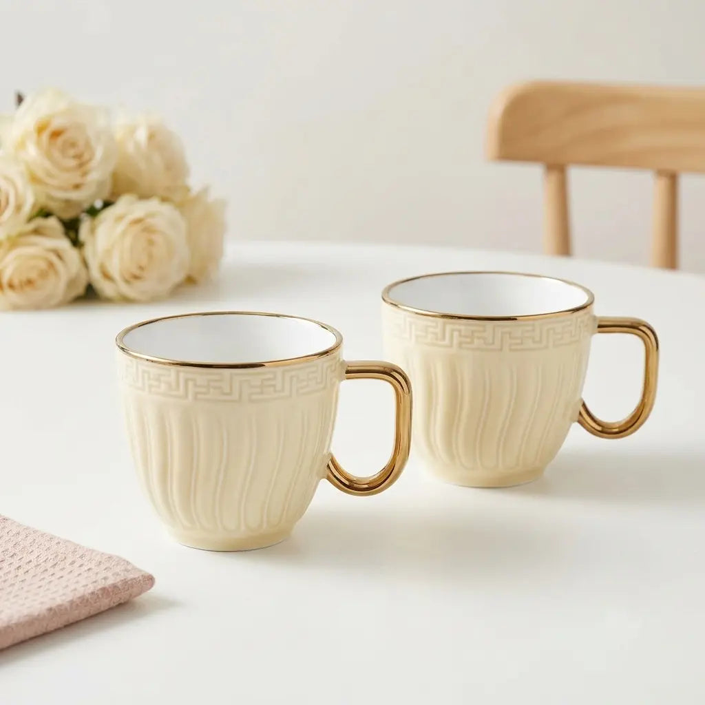Ivory & Gold Embossed Cup Set – 6 Pcs | Tea & Coffee Cups