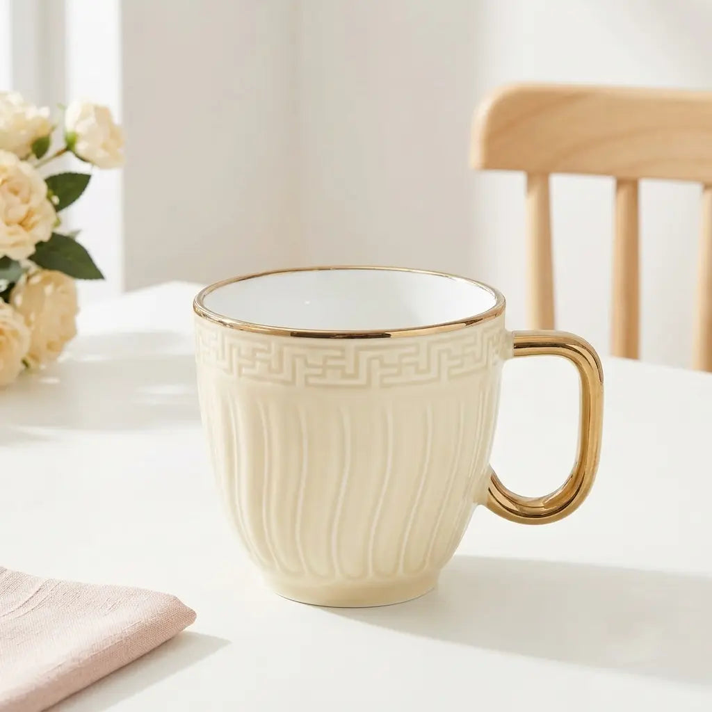 Ivory & Gold Embossed Cup Set – 6 Pcs | Tea & Coffee Cups