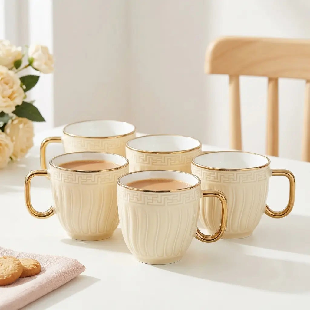 Ivory & Gold Embossed Cup Set – 6 Pcs | Tea & Coffee Cups