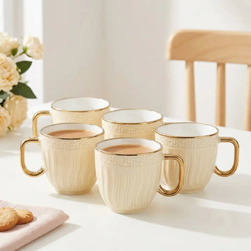 Ivory & Gold Embossed Cup Set – 6 Pcs | Tea & Coffee Cups