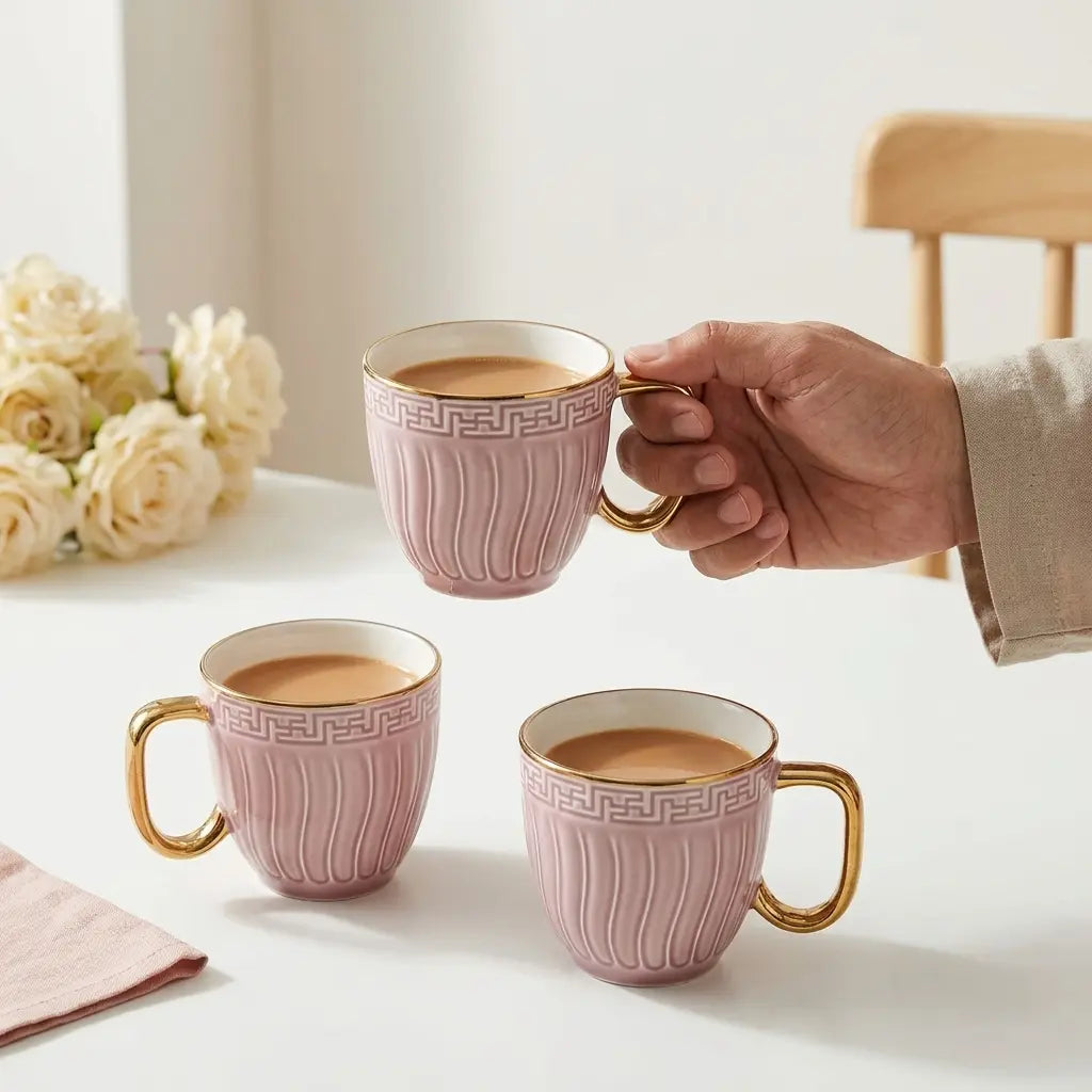 Dusty Pink & Gold Embossed Cup Set – 6 Pcs | Tea & Coffee Cups