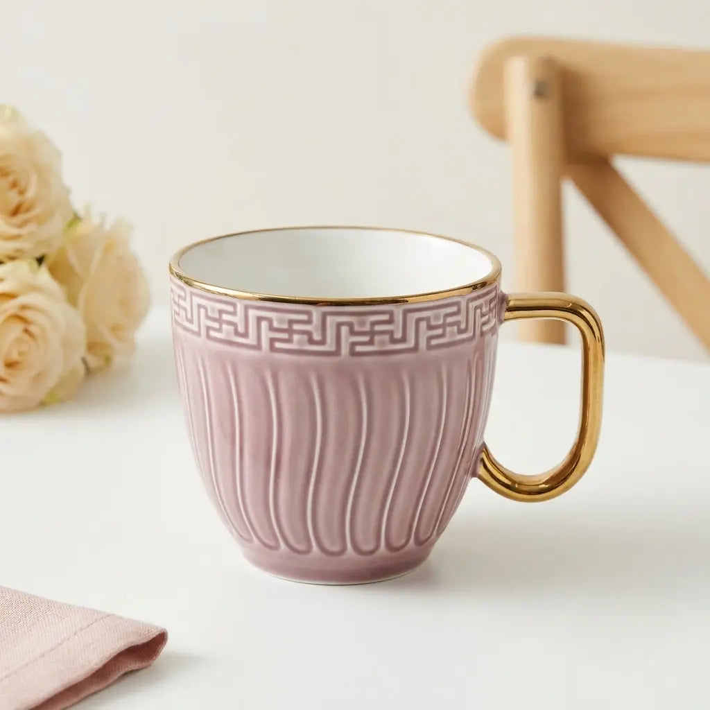 Dusty Pink & Gold Embossed Cup Set – 6 Pcs | Tea & Coffee Cups