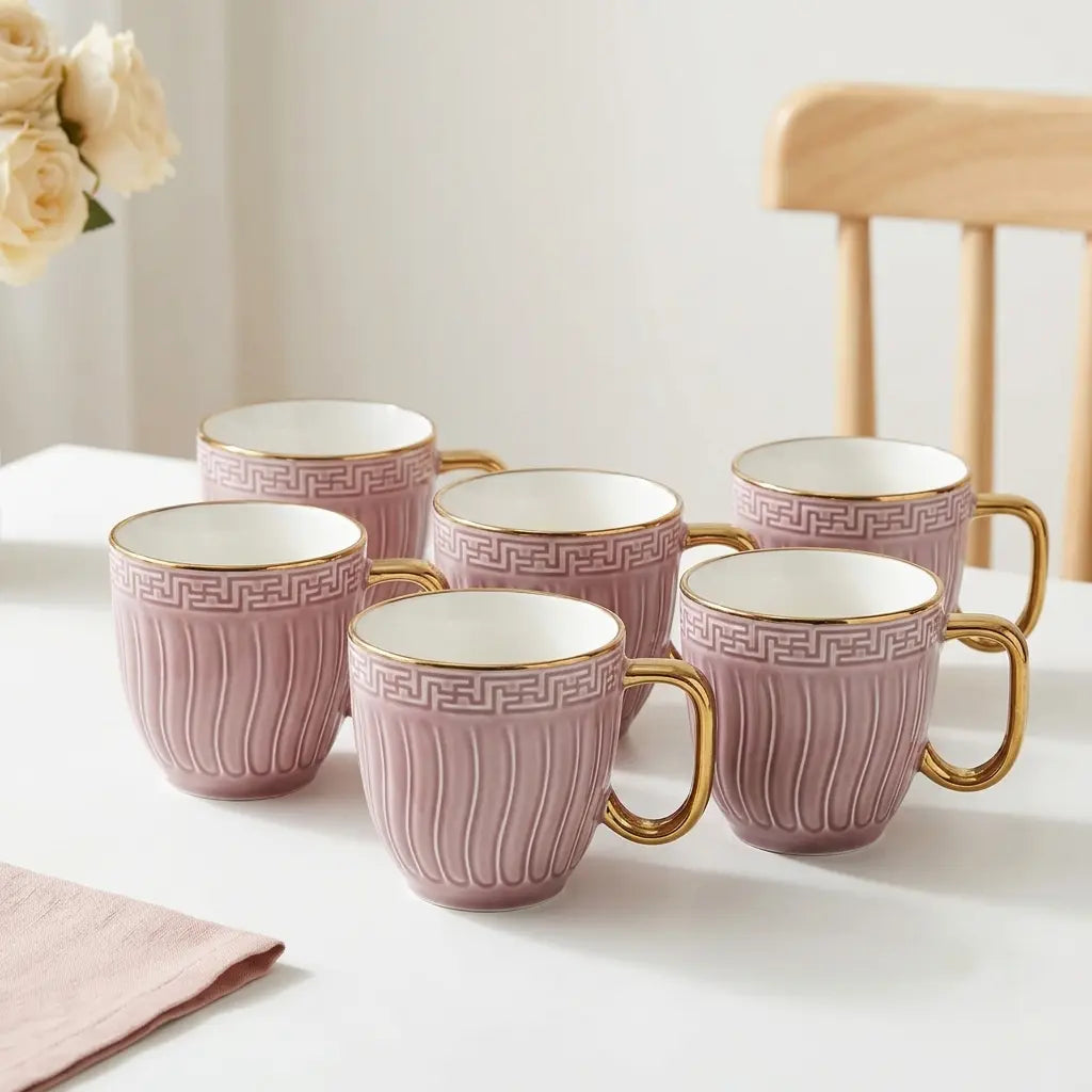 Dusty Pink & Gold Embossed Cup Set – 6 Pcs | Tea & Coffee Cups