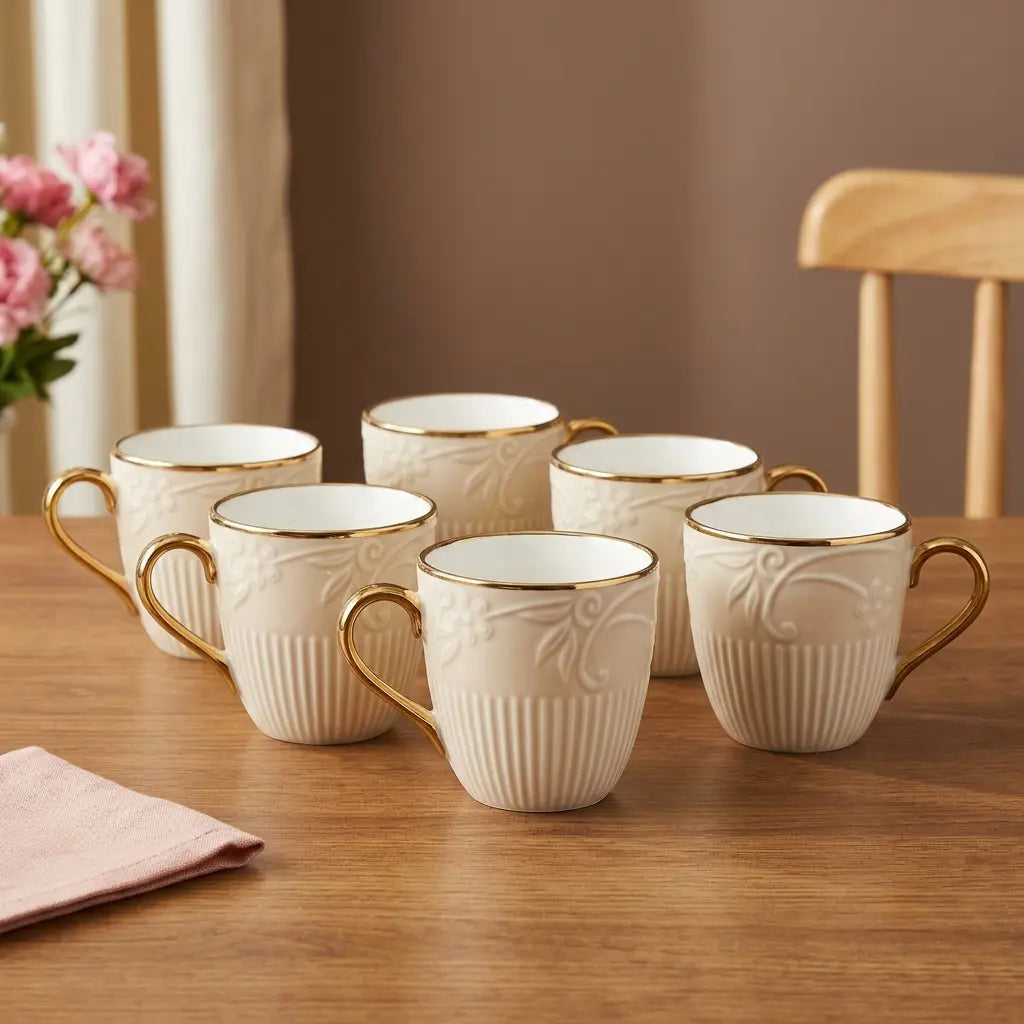 Ivory & Gold Floral Embossed Cup Set – 6 Pcs | Tea & Coffee Cups