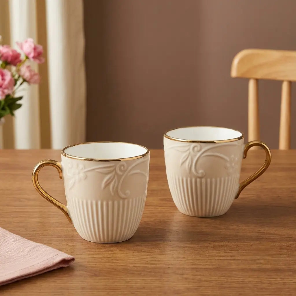 Ivory & Gold Floral Embossed Cup Set – 6 Pcs | Tea & Coffee Cups