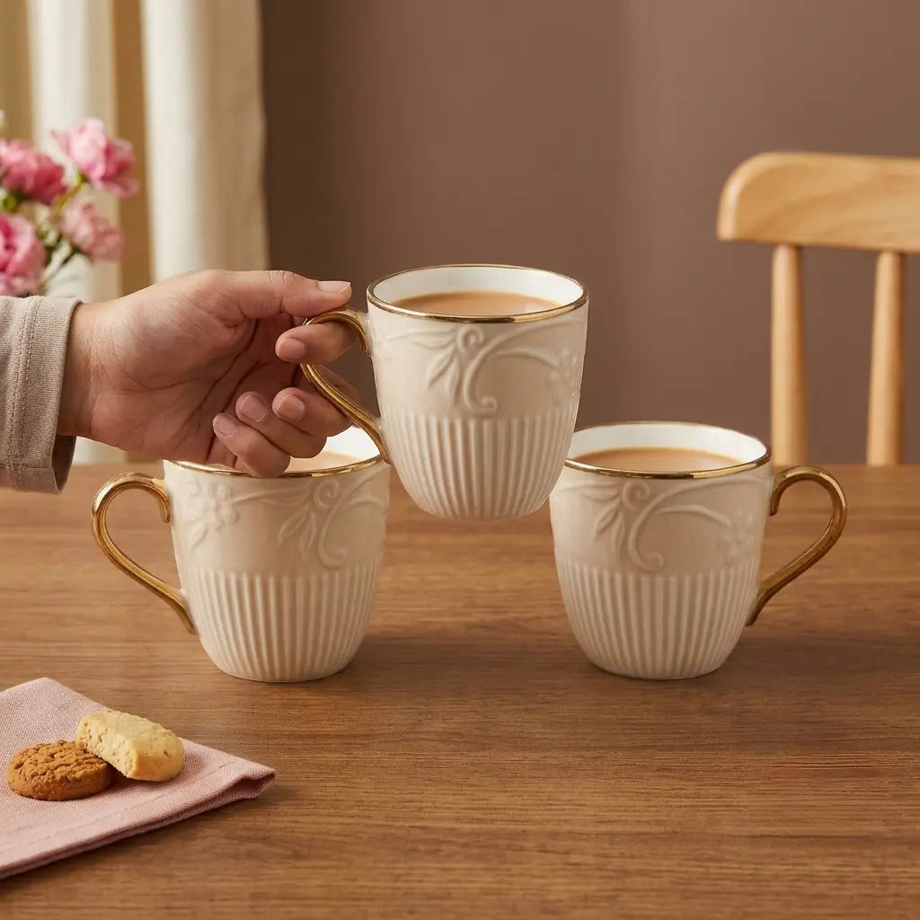 Ivory & Gold Floral Embossed Cup Set – 6 Pcs | Tea & Coffee Cups