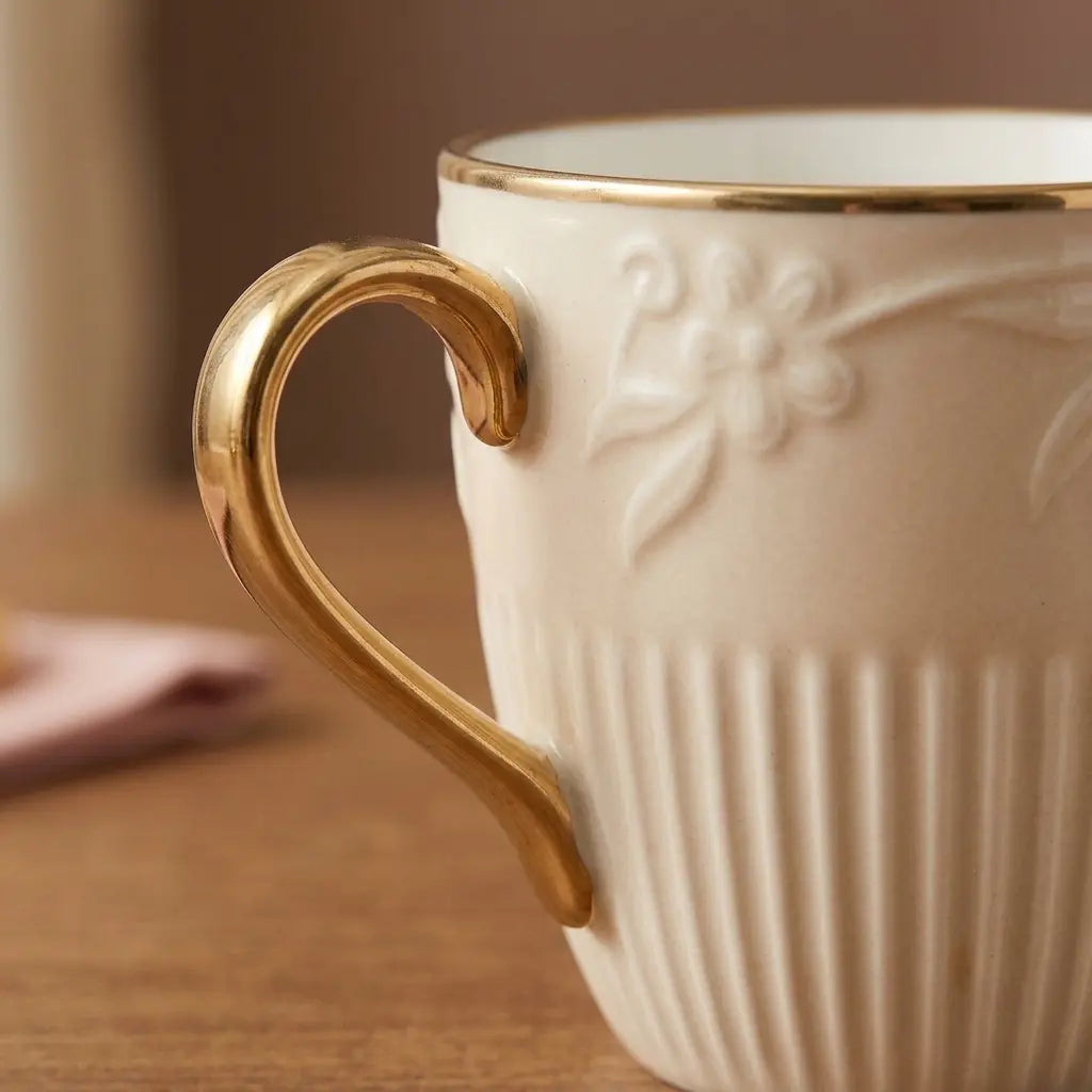 Ivory & Gold Floral Embossed Cup Set – 6 Pcs | Tea & Coffee Cups