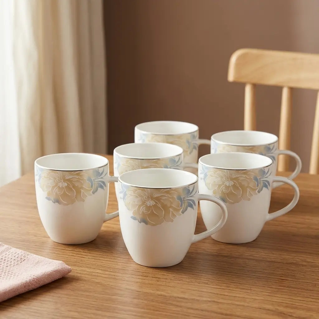 Ivory Bloom 6 Pcs Floral Ceramic Mug Set