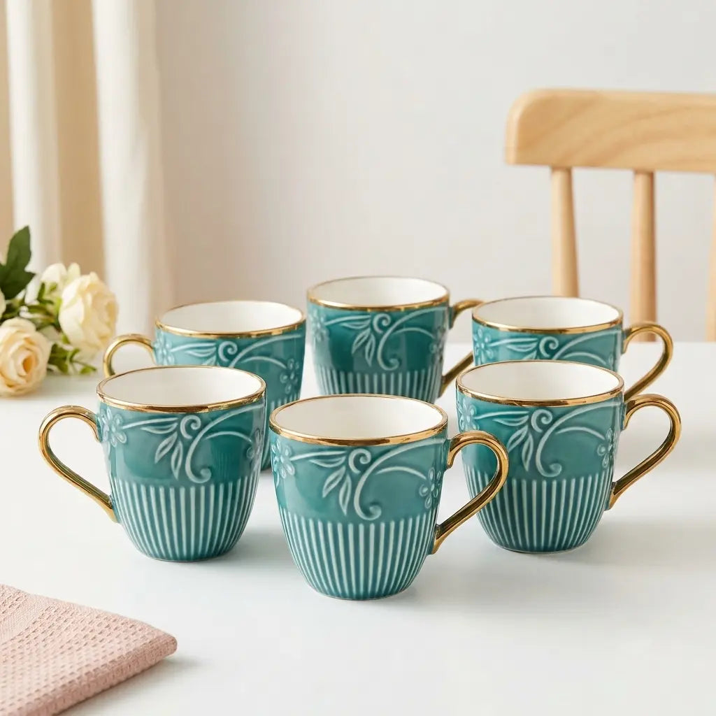 Teal & Gold Floral Embossed Cup Set – 6 Pcs | Tea & Coffee Cups