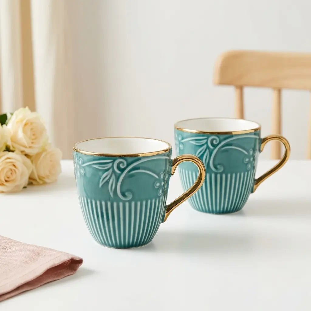 Teal & Gold Floral Embossed Cup Set – 6 Pcs | Tea & Coffee Cups
