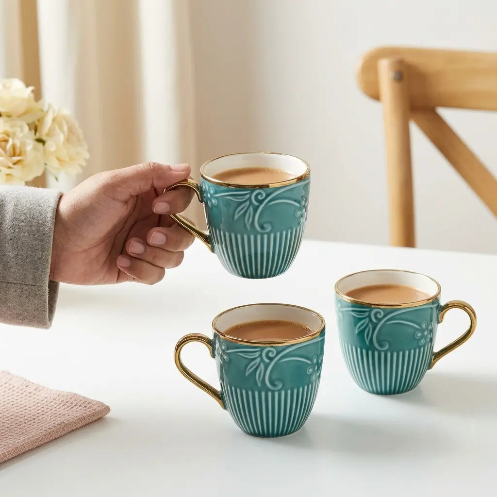 Teal & Gold Floral Embossed Cup Set – 6 Pcs | Tea & Coffee Cups