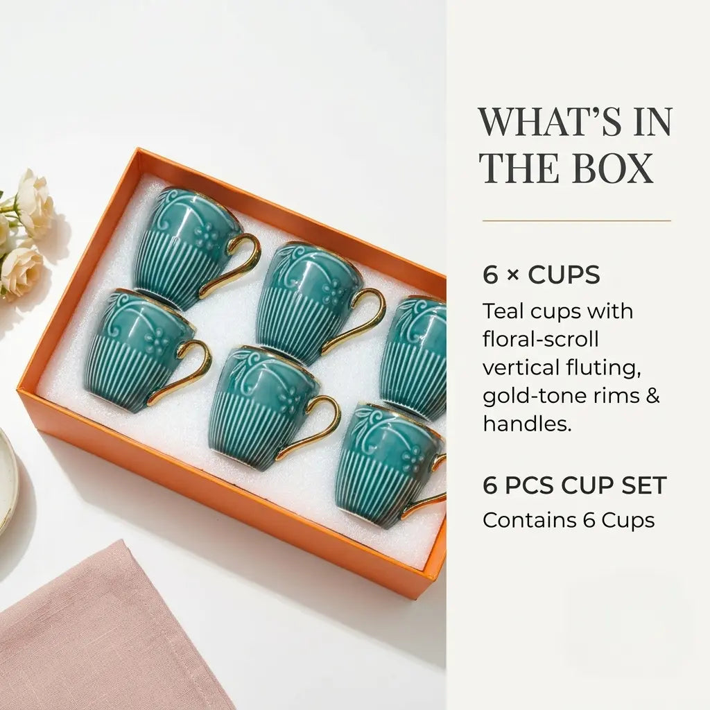 Teal & Gold Floral Embossed Cup Set – 6 Pcs | Tea & Coffee Cups