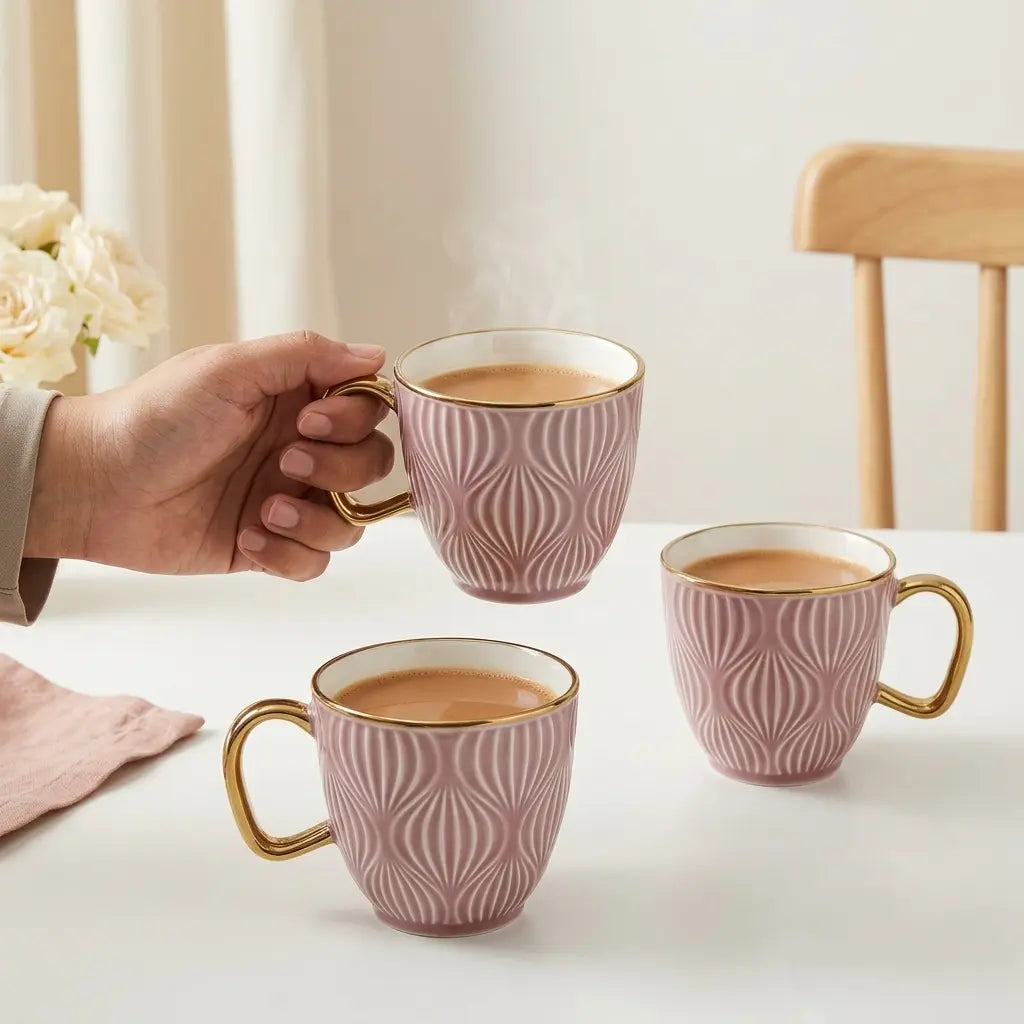 Pink & Gold Embossed Cup Set – 6 Pcs | Premium Tea & Coffee Cups
