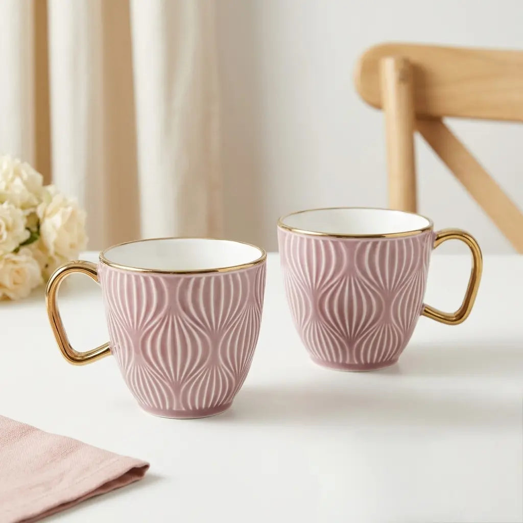 Pink & Gold Embossed Cup Set – 6 Pcs | Premium Tea & Coffee Cups