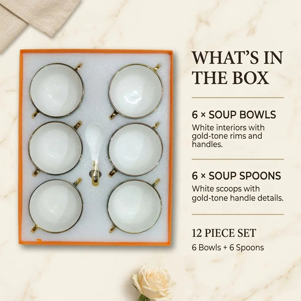 Pink & Gold Porcelain Soup Set – 12 Pcs | 6 Bowls + 6 Spoons