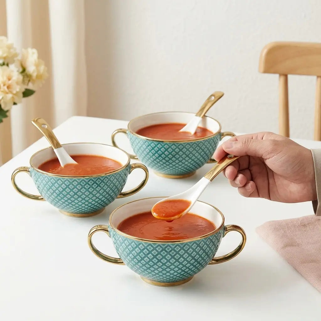 Teal & Gold Porcelain Soup Set – 12 Pcs | 6 Bowls + 6 Spoons