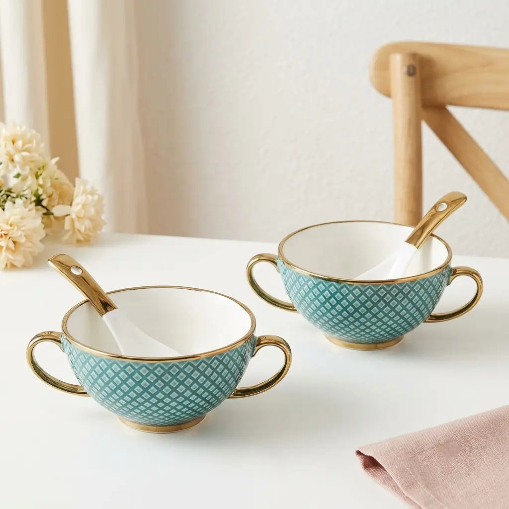 Teal & Gold Porcelain Soup Set – 12 Pcs | 6 Bowls + 6 Spoons