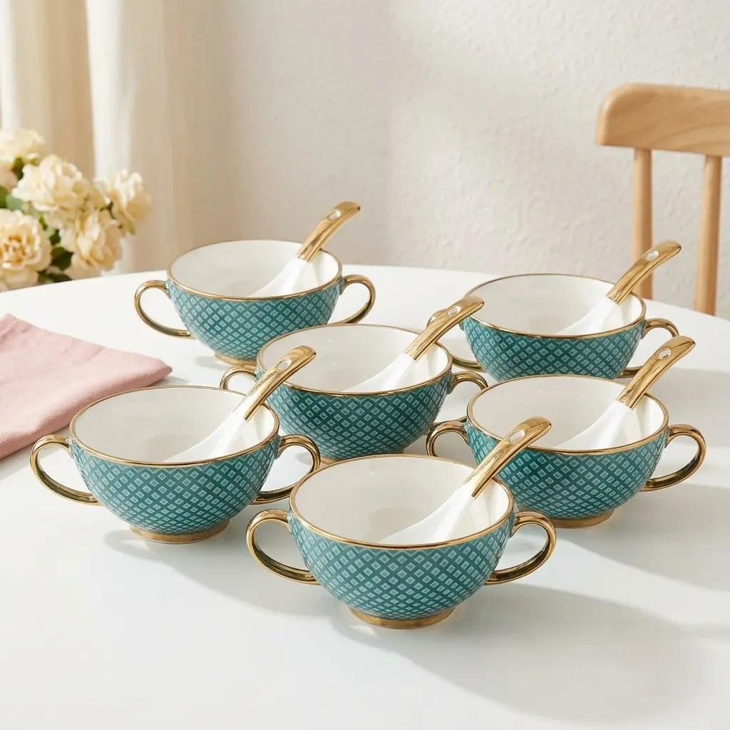 Teal & Gold Porcelain Soup Set – 12 Pcs | 6 Bowls + 6 Spoons