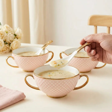 Pink & Gold Porcelain Soup Set – 12 Pcs | 6 Bowls + 6 Spoons